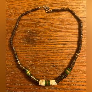 Vintage jade, brass and black brown beaded necklace